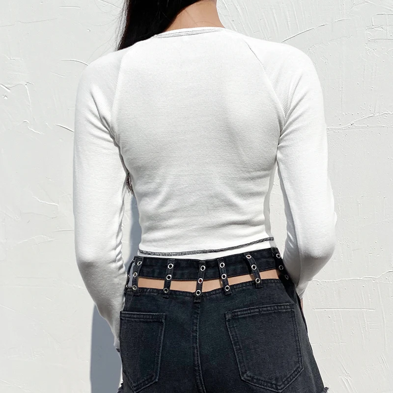 Cartoon Panda Printed Zipper Up Women's T-shirts Cute Kawaii White Long Sleeve Crop Top Tees E-girl Korean Fashion 2020 Iamhotty