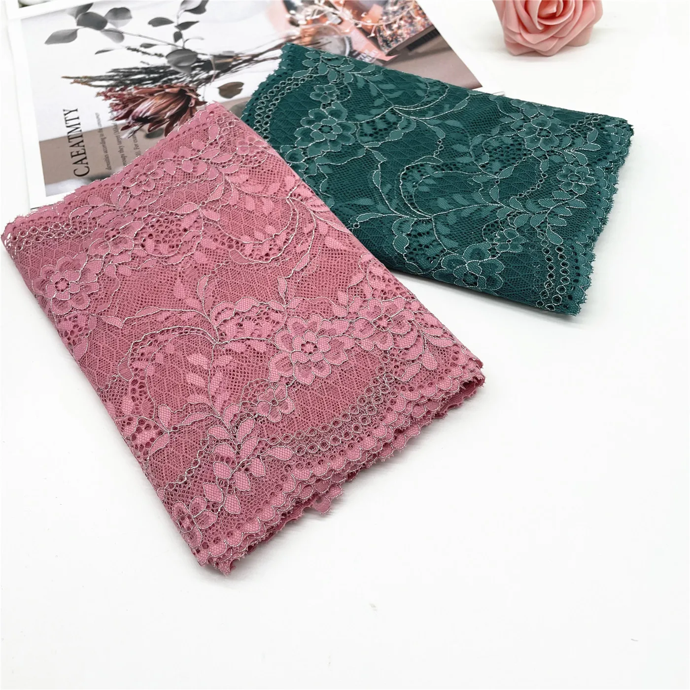 3y/lot W 8 1/4 inch 21cm Dark Green Silver Elastic Lace Trim 1