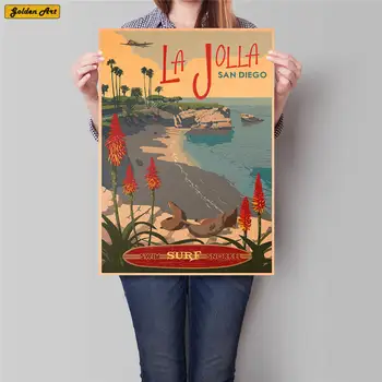 

San Diego City Trip Poster Wall Art Sticker Vintage Kraft Paper Cafe Pub Bar Hotel Decor Hand Painted Landscape Picture 42x30cm