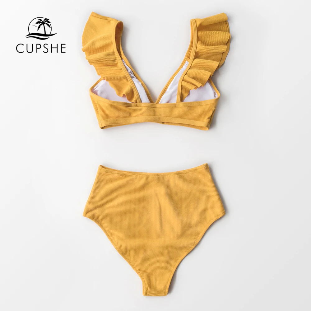 CUPSHE, желтый, в рубчик, с оборками, с высокой талией, бикини, наборы, сексуальный, v-образный вырез, купальник, две части, купальники для женщин,, пляжные купальники