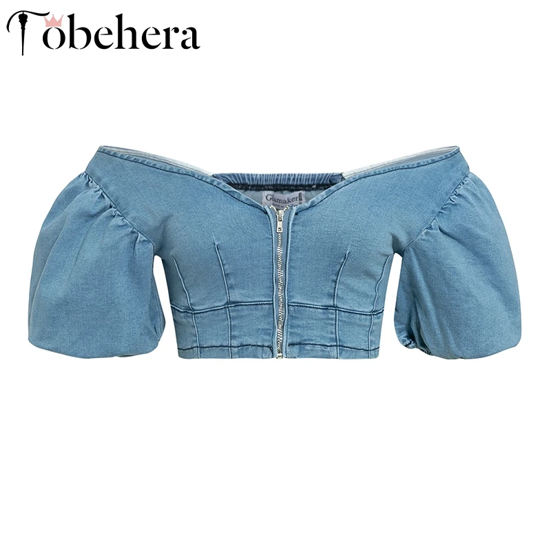 Glamaker Denim sexy crop top club zipper Lantern sleeve short tube tank top women Elastic blue jeans cami female streetwear