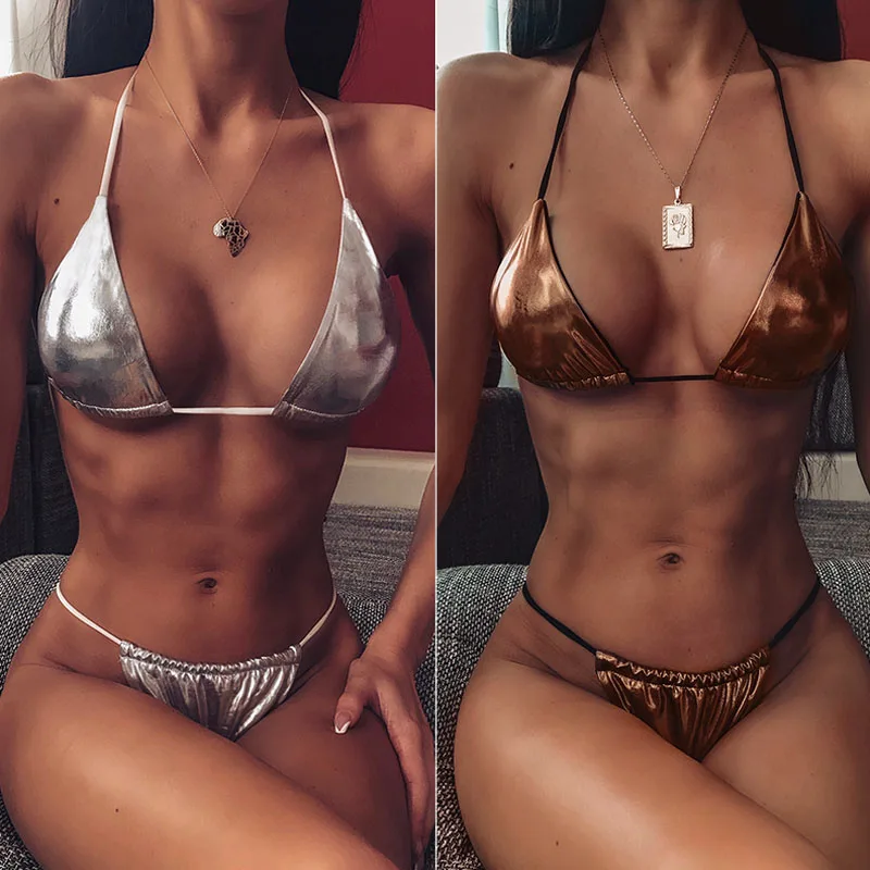

2020 Sexy Women Gold Triangle Bikini Sets Swimwear Series Solid Summer Beach Wear Bathing Suit Swimsuit For Women Female