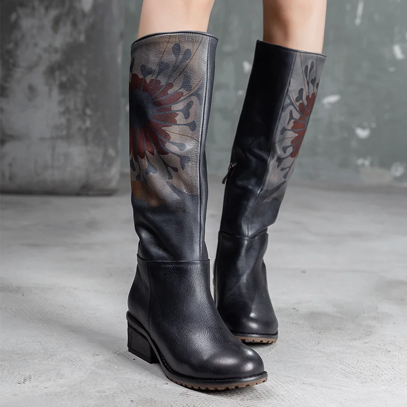 VALLU/ г., новая обувь в стиле ретро женские сапоги до колена из натуральной кожи женские высокие сапоги из натуральной кожи ручной работы с цветком