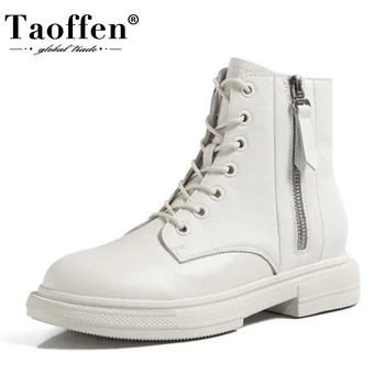

FITWEE Genuine Leather Woman Ankle Boots Zipper Cross Strap Flats Winter Shoes Woman Casual Office Lady Footwear Size 34-40