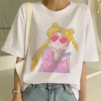 

Showtly Sailor Moon Love Takoyaki Women T Shirt Harajuku Short Sleeve Funny Kawaii White Short Sleeve Puls Size Tee Tops