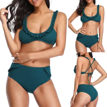 

Fashion Women Pure Color Biquini Seaside Bathing Suit Split Body Underwear Ruffle Push Up Padded Female Intimates Traje de baño