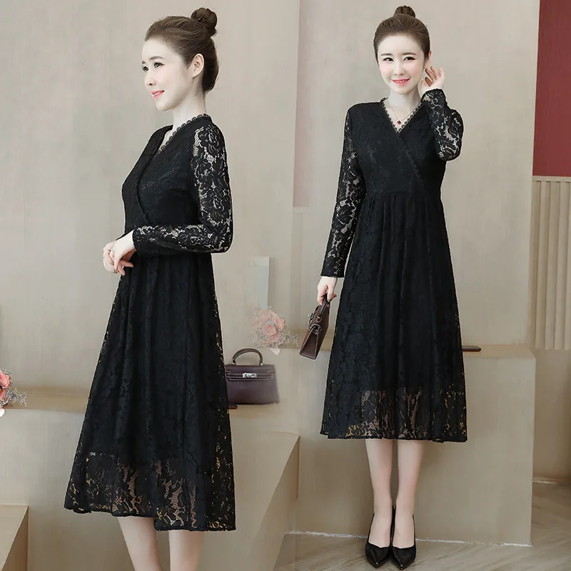 

2019 Autumn New Style Fat Mm Lace Dress Western Style Large Size Dress Mid-length Loose-Fit Slimming Long Sleeve Skirt