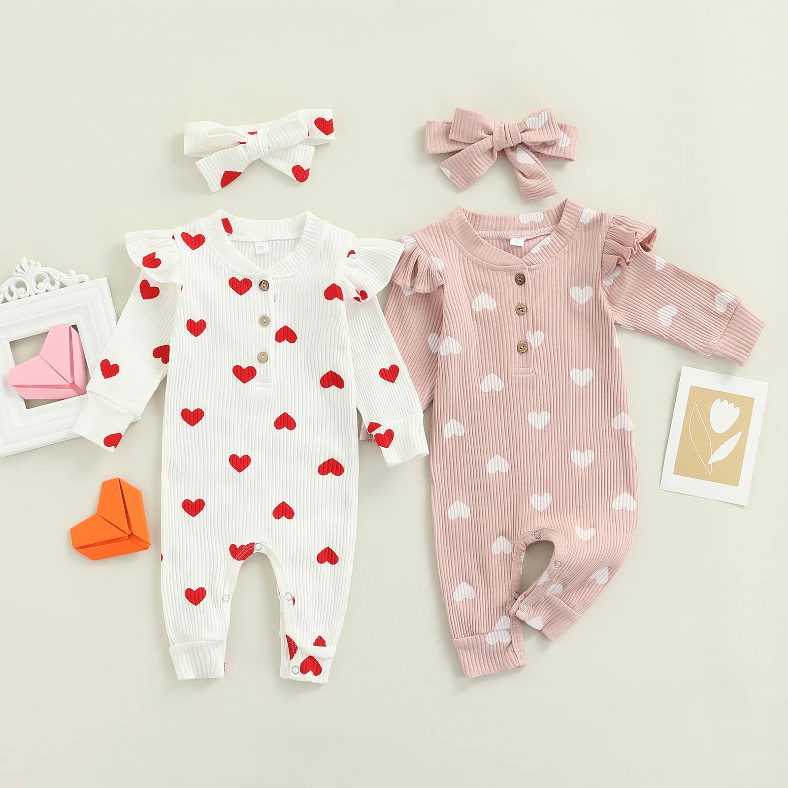 Infant Baby Girls Two-piece Clothes Set Heart Print Long Sleeve Crew Neck Romper and Bow Knot Headdress Pink/ White baby rompers,baby jumpsuit