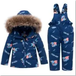 Enfants/Детские Пуховые костюмы с большим меховым капюшоном детская верхняя одежда на утином пуху, пальто+ комбинезон комплект из 2 предметов для мальчиков и девочек, зимний комплект со слоном - Цвет: Blue