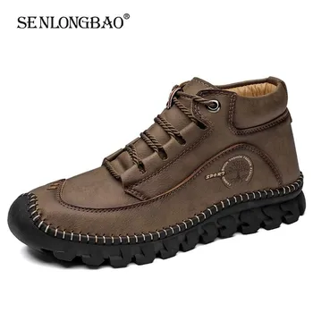 

Brand Autumn Leather Men Boots Winter Lace-up Flats Medium-top Shoes Outdoor Ankle Boots Breathable Handmade Motorcycle Boots