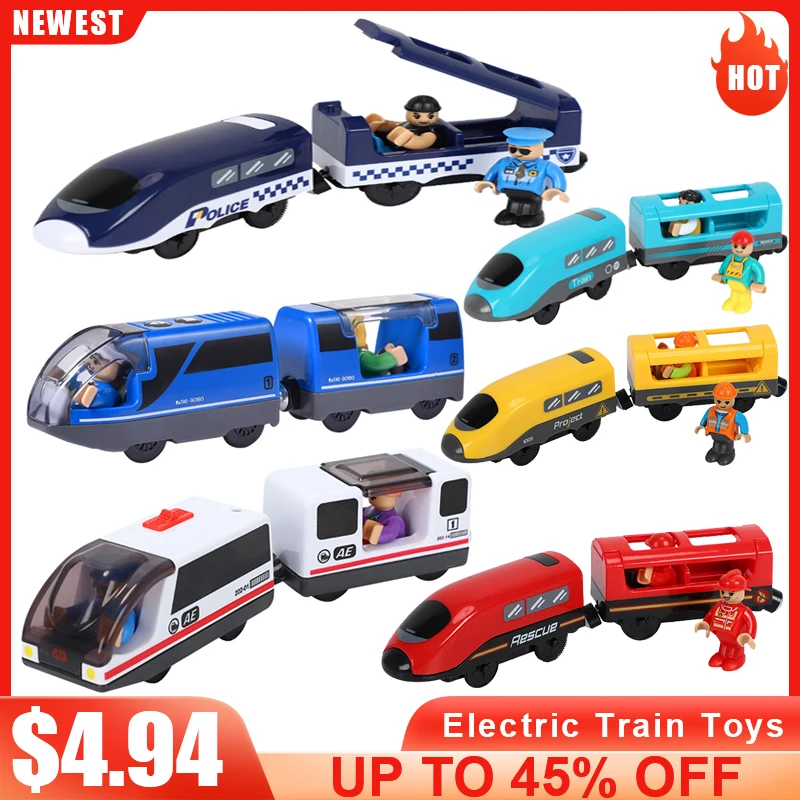 Tren Eléctrico magnético para niños, juguete de riel de juguete, locomotora de vía férrea, pista de madera conectada magnalmente, regalo para niños