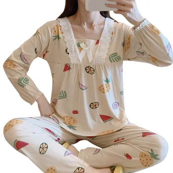 

Female Autumn Home Wear Pullover Top 2Pcs Nightwear Suit Ladies Pajamas Women's Autumn Sleepwear New