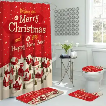 

2020 New Merry Christmas Shower Curtain Set Bathroom Mat Set Waterproof Shower Curtain Toilet Cover Non Slip Rug Christmas Decor