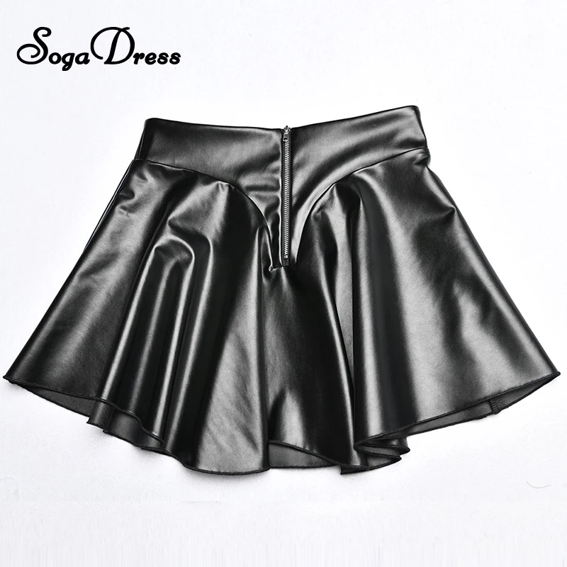 

SOGA DRESS Pu Leather Black Pleated Skirt Fashion Ruffles High Waist Zip Up 2020 Autumn Sexy Wome's Kawaii Gothic Mini Skirts