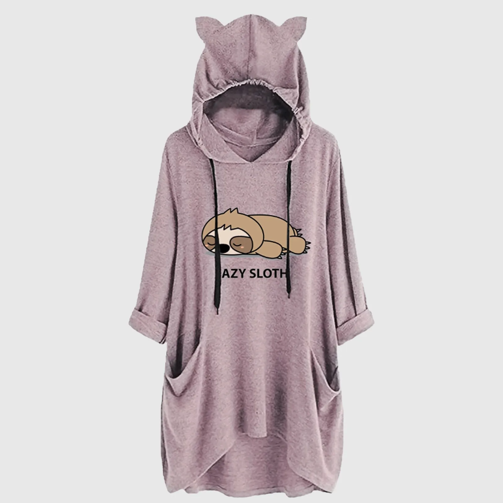 Women Oversized Sweathshirts Women Ear Hat Mid-length Blouse Mid-sleeve Cute Printed Hooded Loose Plus Size Hoodies Top 2021 2