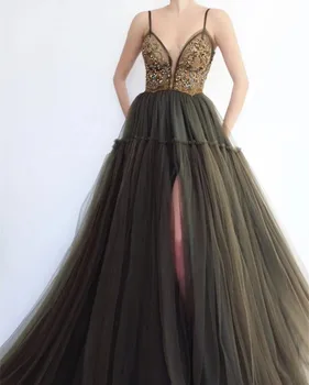 

Slit Muslim Evening Dresses 2019 A-line Spaghetti Straps Tulle Beaded Islamic Dubai Saudi Arabia Long Formal Evening Gown Prom