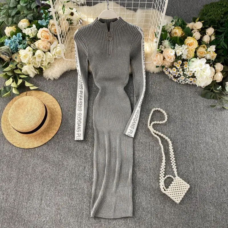 

Dress Female Spring New Niche Zipper Stand-up Collar Slimming Color-matching Letters Long Sleeve Knitted Long Dress
