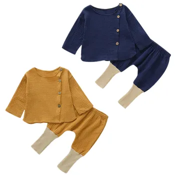 

Toddler Infant Kids Baby Boy Girl Clothes Set Cotton Linen Fall Long Sleeve Buttons Solid T-Shirt Pants Clothing 2PCS Outfit