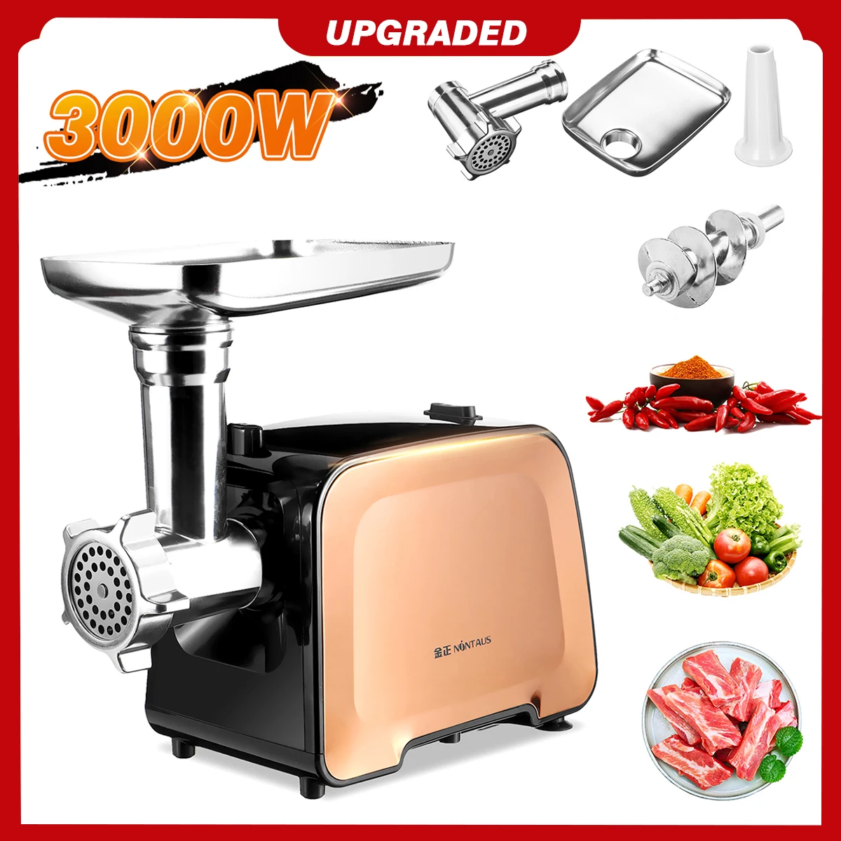 

NONTAUS Brand 100% 3000W Electric Meat Grinder Stainless Steel Multifunction Food Chopper Sausage Stuffer Appliance for Kitchen