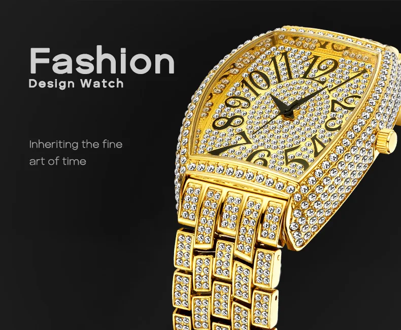 MISSFOX Ceas de aur pentru bărbați, ceasuri hip-hop bling bling tonneau cu cuarț pentru bărbați mari, impermeabil, ceas de mână Millerable_voghion.com