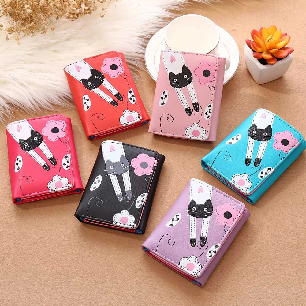 Fashion Charming Nice Women Short Wallet Cat Flowers Pattern Hasp Coin Purse Short Wallet Card Holders Handbag 815