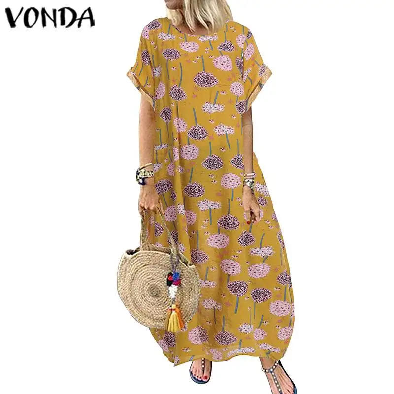 Цвет: желтый VONDA, длинное платье макси, женское Повседневное платье с круглым вырезом и коротким рукавом, Платья для вечеринок, свободный пляжный сарафан размера плюс, богемное платье, женское платье - Цвет: Цвет: желтый