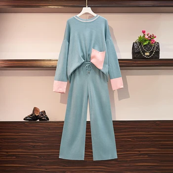 

Autumn Knitted Tracksuit 2 Piece Set Women Sweater Pullover Tops + Wide Leg Ankle-length Pants Two Piece Set Sweatshirts Suit