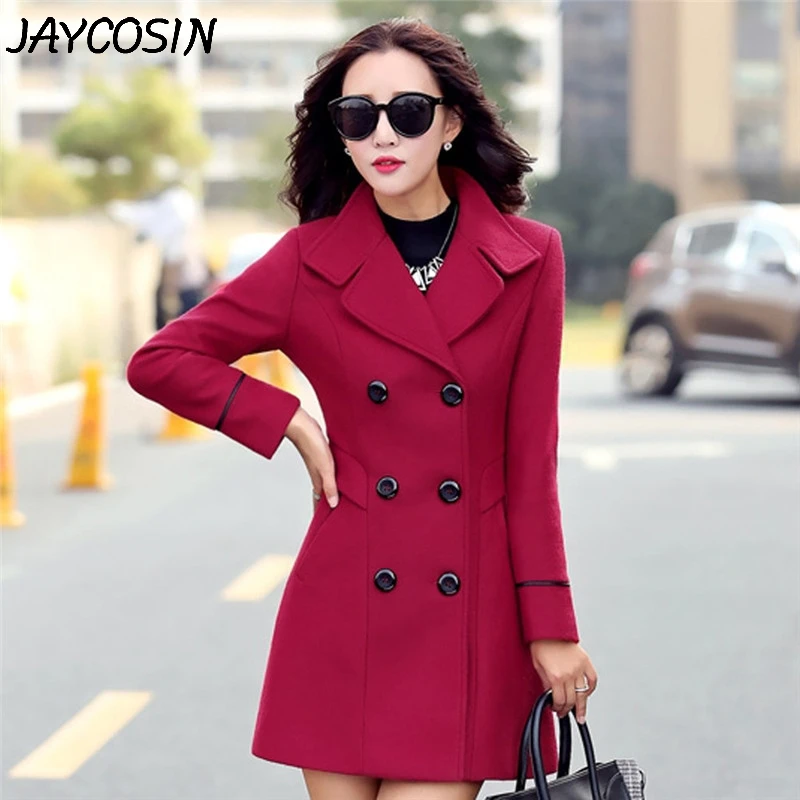 JAYCOSIN, Женское шерстяное пальто, одноцветное, шерстяное, двубортное, с длинным рукавом, средней длины, пальто, элегантное, для работы, офиса, куртка, модная верхняя одежда