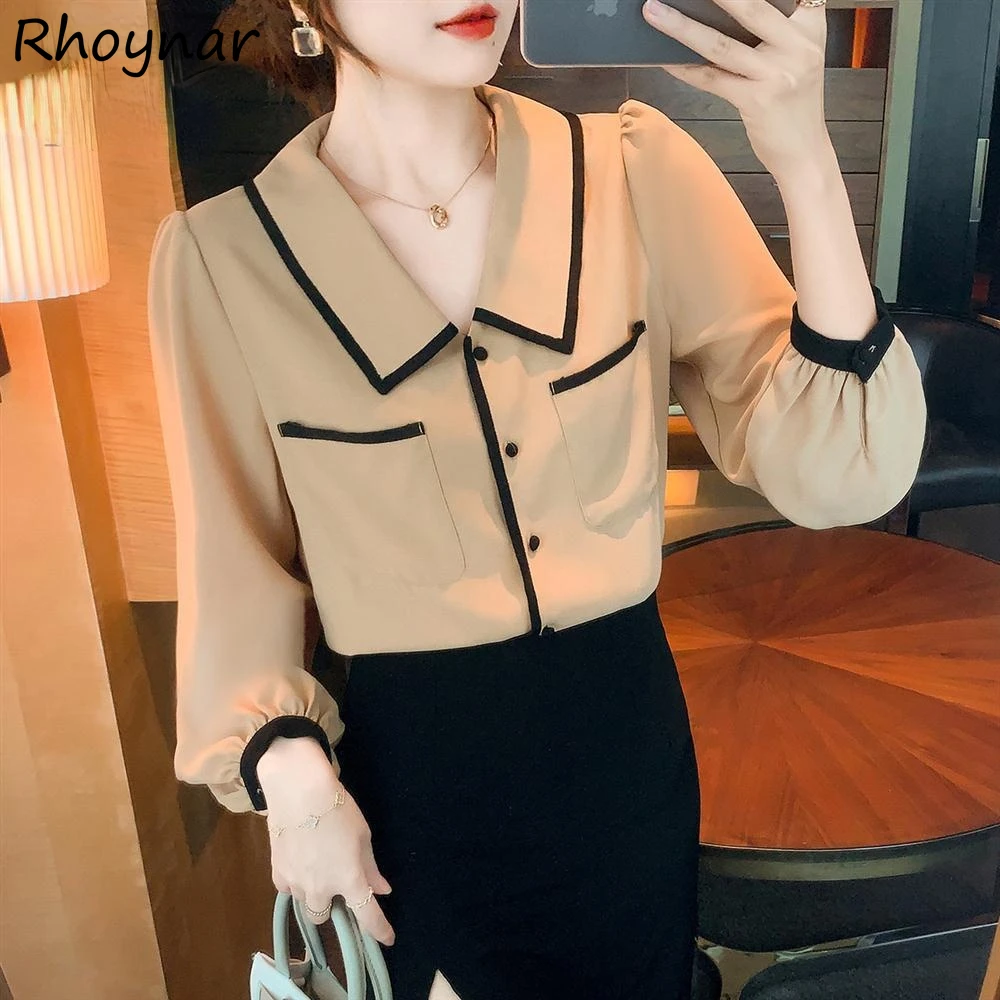 

Shirts Women Autumn Temperament New Arrival Tender Design Patchwork Young Turn Down Collar Simple All-match Tops Vintage Chic