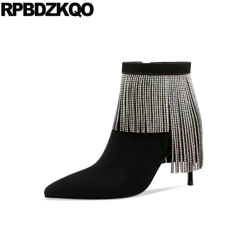 Botines Con Diamantes De Imitación Para Mujer, Botas Cortas Brillantes Con Cremallera Lateral Puntiagudas Color