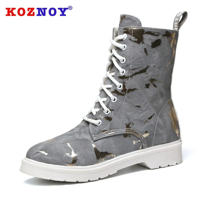 

Koznoy Women Boots Autumn Winter Round Toe Dropshipping Lace Up Short Boots Low Heel Fashion Camouflage High Casual Women Boots