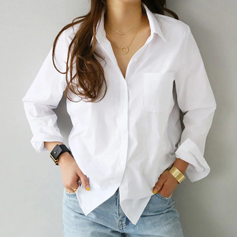 

Women Autmn Winter White Color Single Breasted Buttons Loose Long Sleeve Casual Shirt Ladies All-match Bottoming Blouse SJ4337M