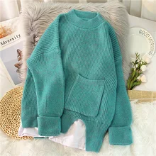 

EBAIHUI Woman Sweaters Solid Color O Neck Pullover Batwing Sleeve Slit Jumper Knitted Casual Baggy Fake Two-pieces Chic Sweater