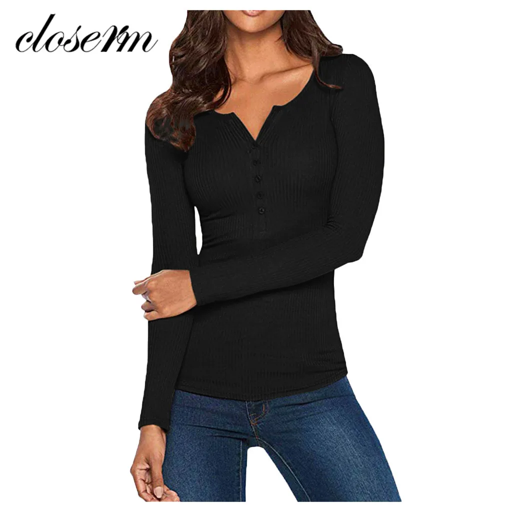 

Blouse 2019Top Womens V Neck Shirts Long Sleeve Solid Button Down Basic Tops Tees