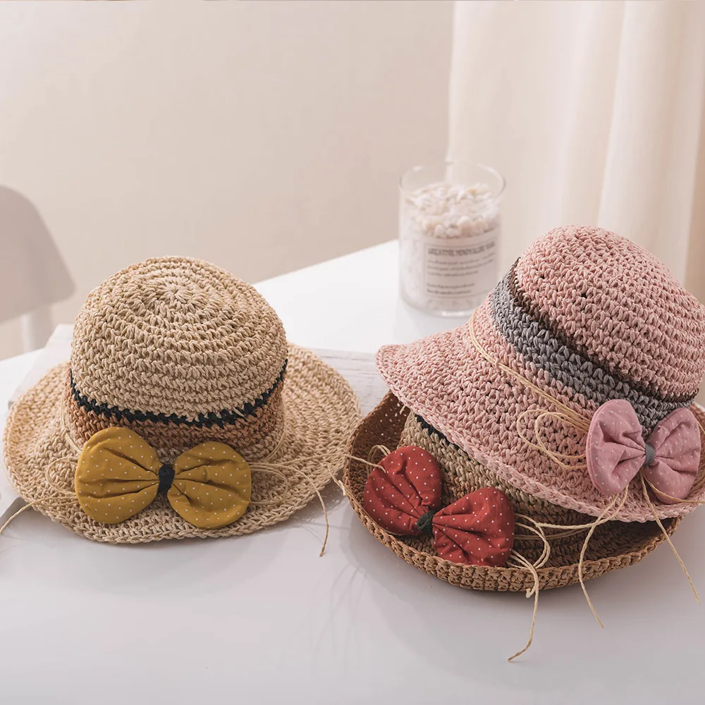 

Children College Style Straw Hat Summer Girls Beach Hat Versatile Bow Hat Baby Bucket Hat Seaside Straw Hat Fashion