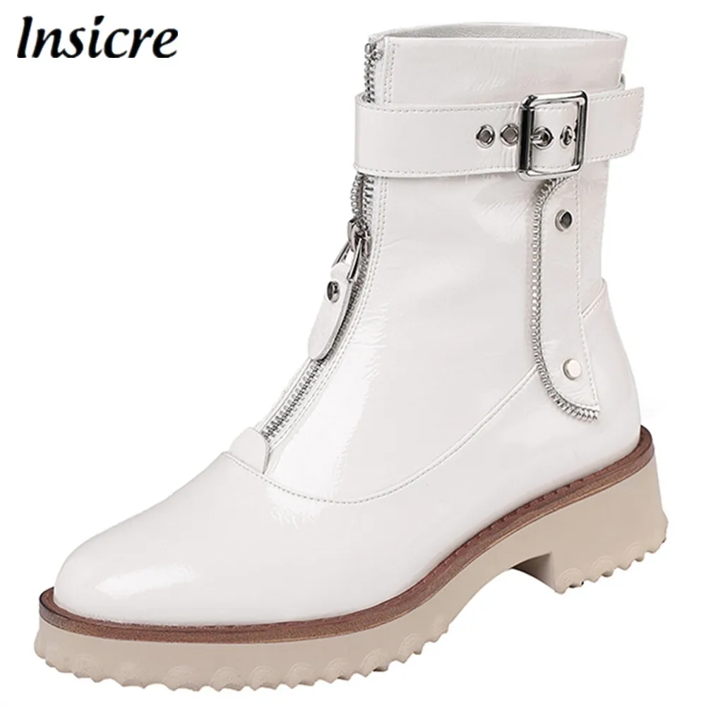 

Insicre Large Size 34-42 Cow Patent Leather Middle Heel Fashion Women Shoes Round Toe Front Zipper Buckle Ankle Boots