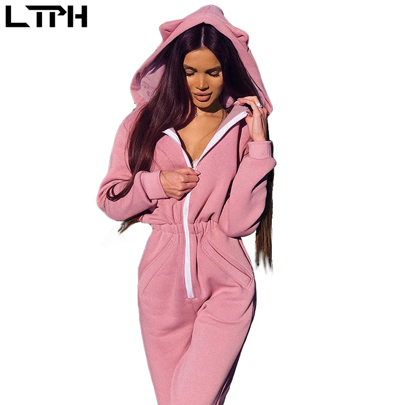 

Hot sale 2019 Autumn New Woven cotton casual Sweatshirt women jumpsuit Full sleeved zipper loose hooded cat ears trend pink suit