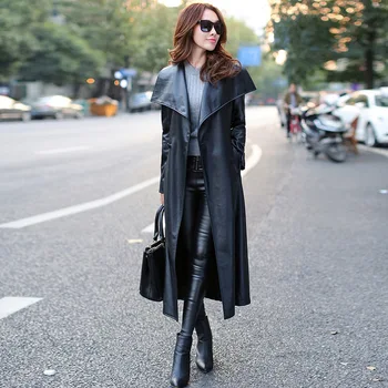 

2020 Spring And Autumn New Women Leather Windbreaker Black Female Leather Jacket High Waist Belt Long Leather Plus Velvet Parkas