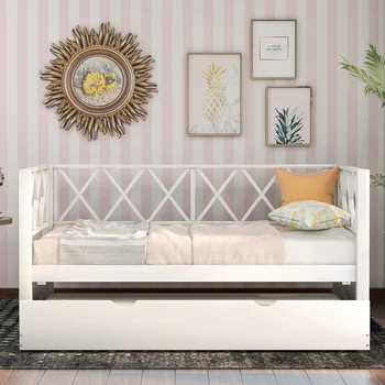 

wood daybed with trundle,twin size daybed,no box spring needed, x-shaped back design ,white