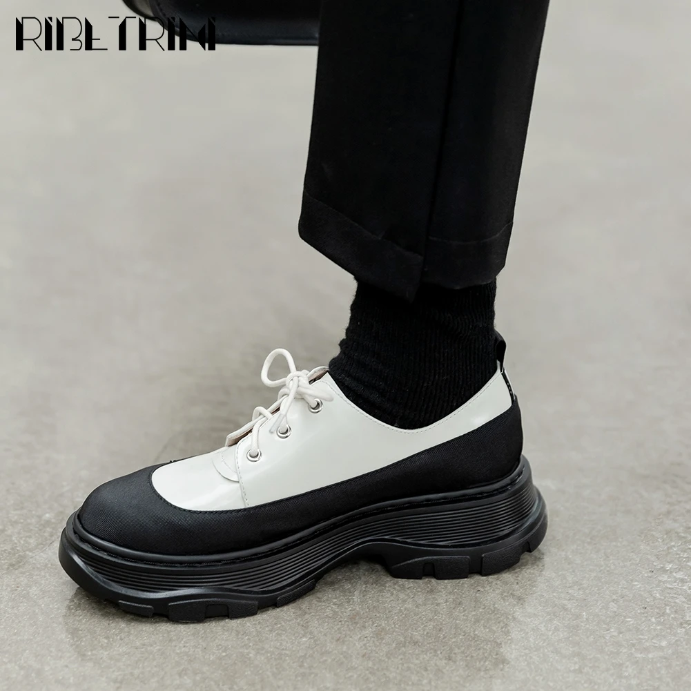 

RIBETRINI Genuine Leather Platform Shoes Woman New Arrival Trendy mixed-color Patchwork Sneakers Women 2020 Casual Flats
