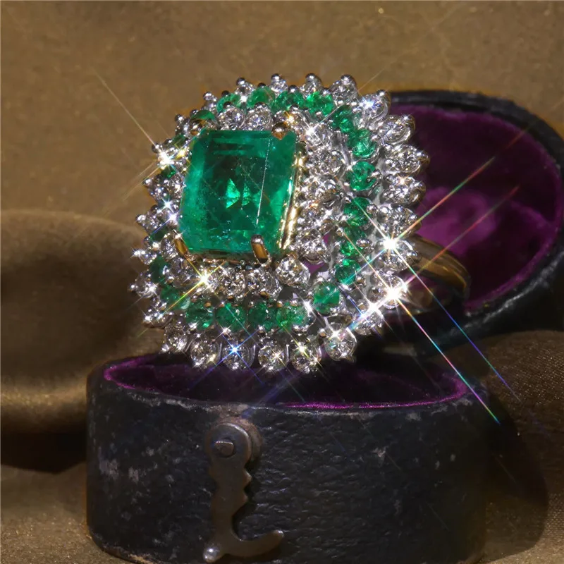ZHIXUN Classic Square Green Stone White Crystal Ring For Women Wedding Anniversary Birthday