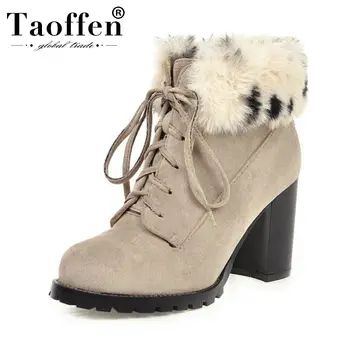 

Taoffen Women Plush Fur Winter Ankle Boots Daily Office Work Keep Warm Snow Boots Round Toe High Heel Shoes Woman Size 34-43