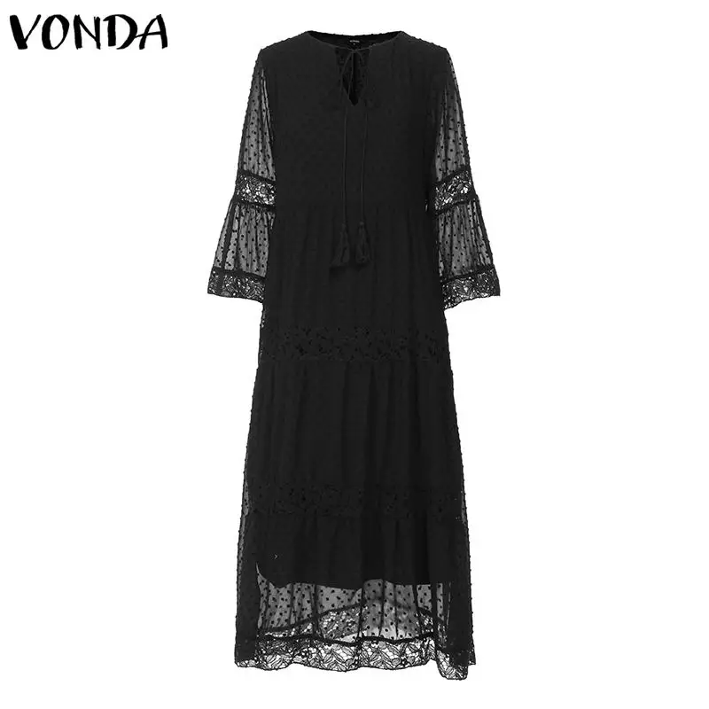 Осеннее платье VONDA, женское сексуальное платье с v-образным вырезом, однотонное Длинное свободное платье макси с расклешенными рукавами, вечерние платья с оборками, сарафан 5XL - Цвет: Black