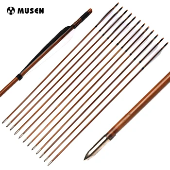 

6/12/24pcs Spine 450 Bamboo Arrows 32 inches with 2 White 1 Black Turquoise Feather OD 7.8mm for Compound Bow Hunting Archery