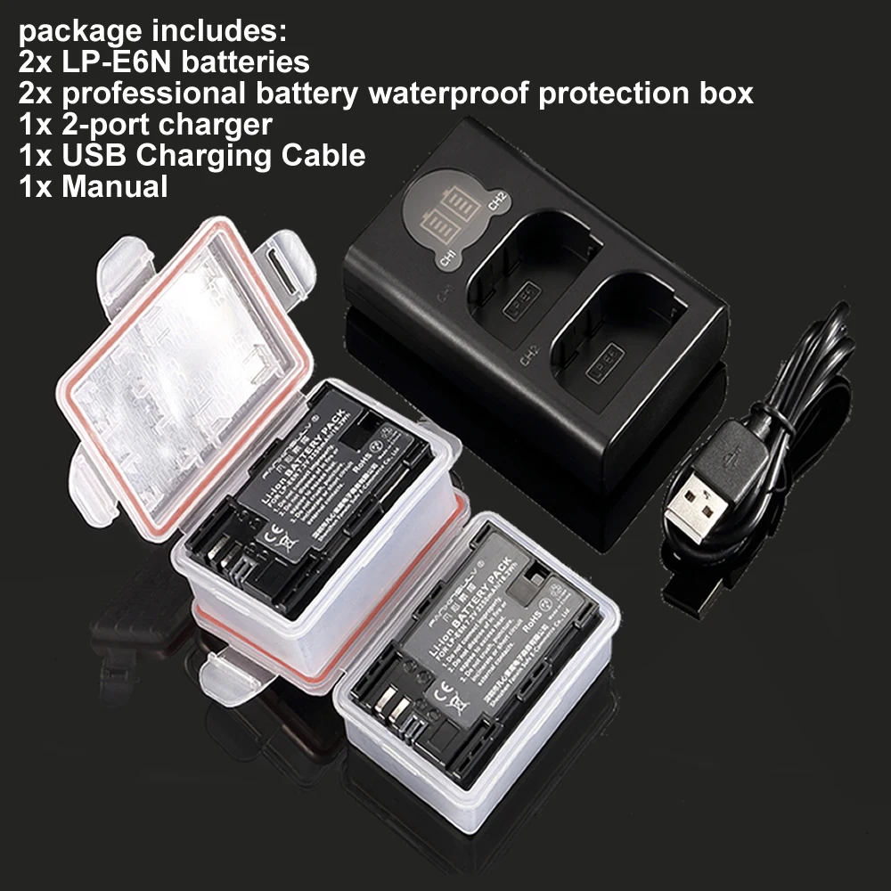 2 шт. LP-E6N LP-E6 LP E6 Аккумулятор+ lcd USB двойное зарядное устройство для Canon EOS R 6D II 7D II 5D Mark II III IV 60D 60Da 70D 80D 5DS 5DSR