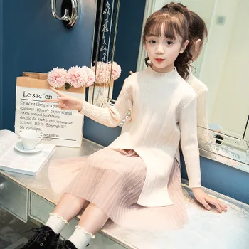 

Autumn and winter new 5-10 years baby Korean version of the girls fashion sweater stitching in the big children sweater dress