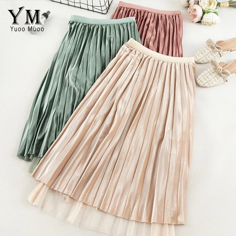 YuooMuoo двухсторонняя одежда бархатная сетчатая юбка для женщин Новое поступление однотонные осенне-зимние женские плиссированные юбки миди