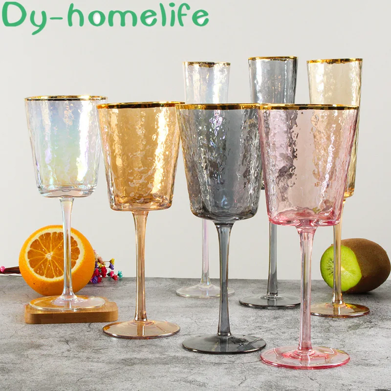 

Japanese-style Creative Hammer Eye Pattern Drawing Gold Rim Irregular Crystal Glass Wine Glass Champagne Glass European Goblet