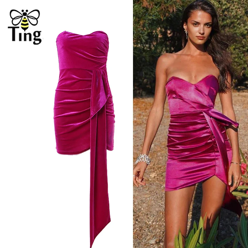 

Tingfly Sexy Strapless Bodycon Sheath Velvet Mini Dress Lady Sexy Club Bandage Short Party Dress with Sashes Clubwear Vestdios
