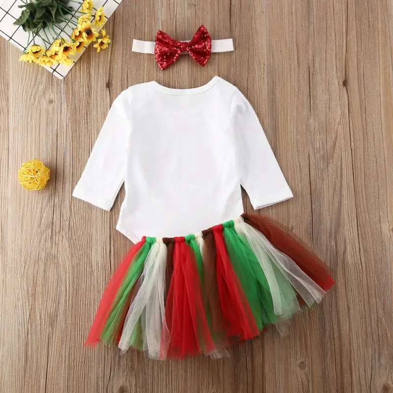 Рождественские комплекты одежды для новорожденных девочек, комбинезон с длинными рукавами, топ, радужная кружевная юбка-пачка, повязка на голову, комплект из 3 предметов
